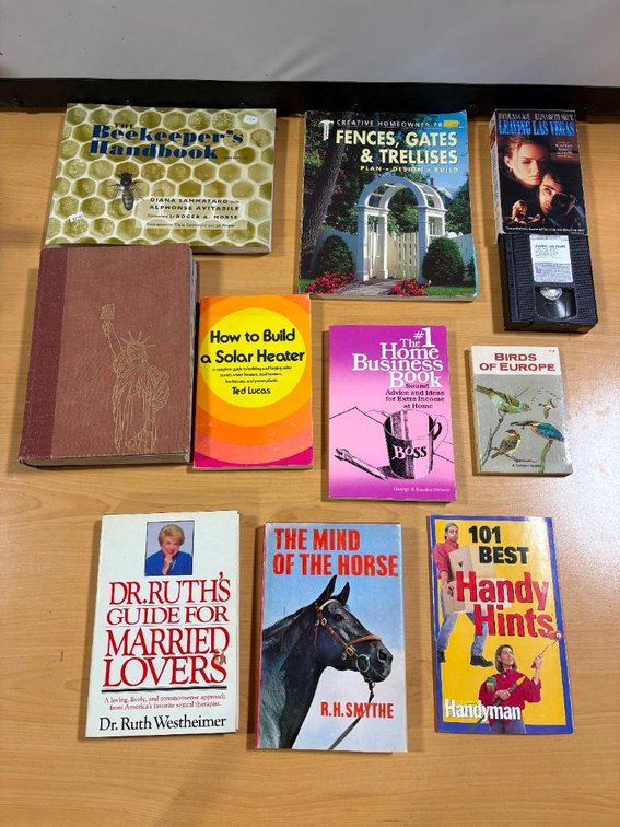 Group of Books and VHS Tape, Random Group of Books, Leaving Las Vegas VHS Movie, Dr Ruth! Birds, How-To