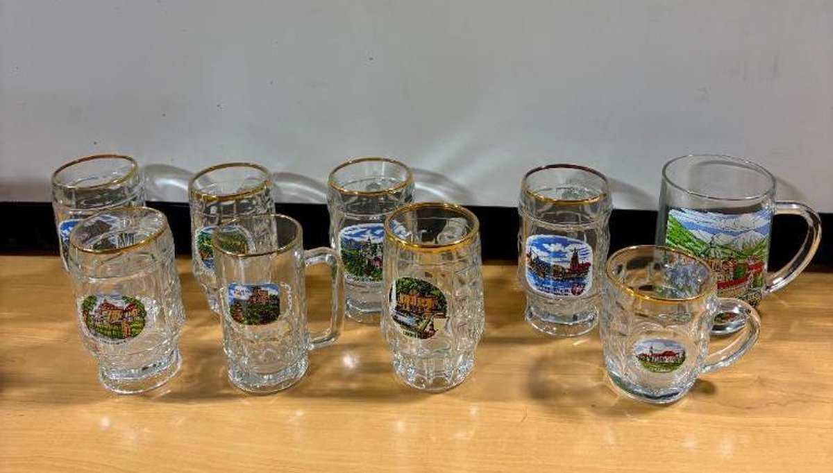 Lot of 9, Heavy Duty Glass Beer Stein Mugs w/ Various German Landscapes, 8 Matching w. Gold Rims