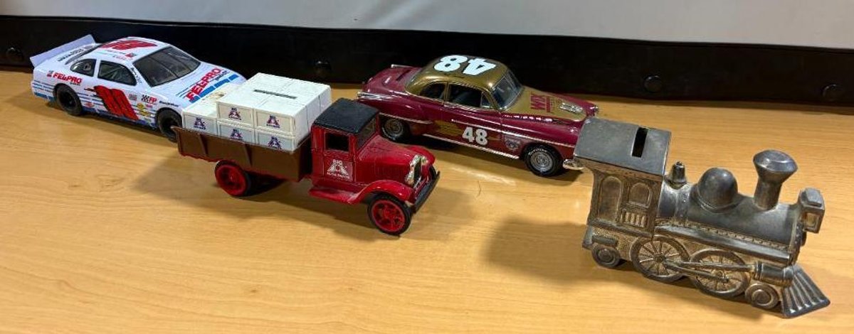 Lot of Four, Die Cast Cars, Toys, Banks and Train Bank w/ Two Tokens