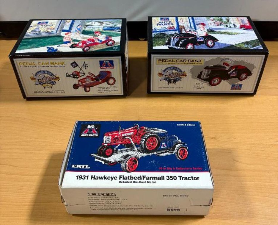 Lot of 3 Vintage Toys w/ Orig. Boxes, Ertl 1931 Big A Flatbed w/ Farmall 350 Tractor, (2) Big A Pedal Car Banks