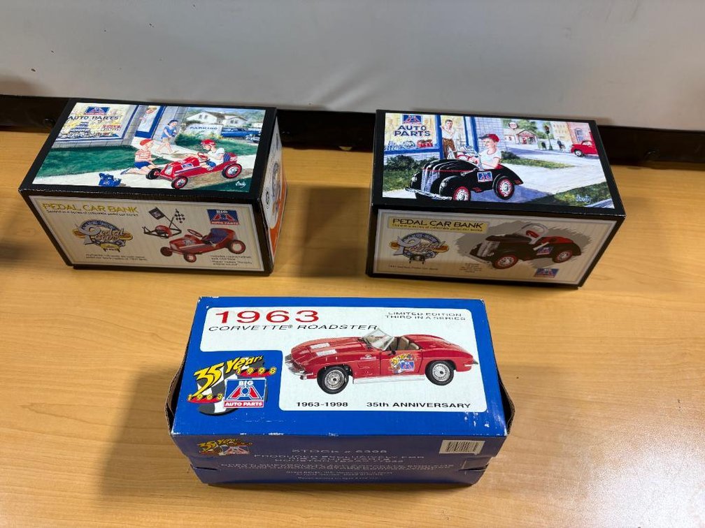 Lot of 3 Vintage Toys w/ Orig. Boxes, 1963 Corvette Roadster, (2) Big A Pedal Car Banks