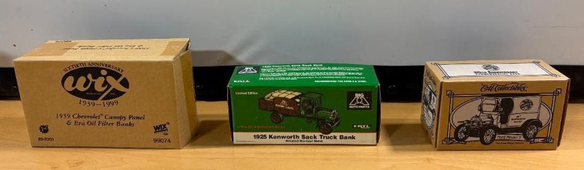 Lot of 3 Collectible Trunk Banks, Wix 1939 Chevy Panel Truck, 1925 Kenworth Sack Truck, Ford Model T