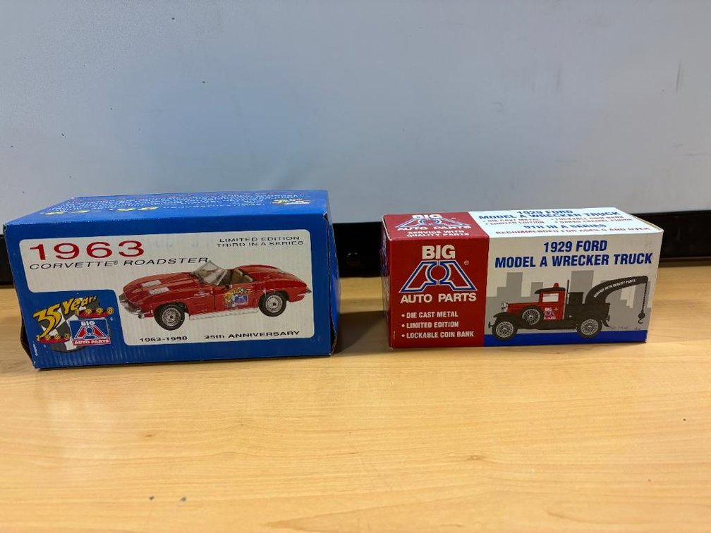 Lot of 2 Cars in Orig. Boxes, Big A 1963 Corvette Roadster, Big A 1929 Ford Model A Wrecker Truck