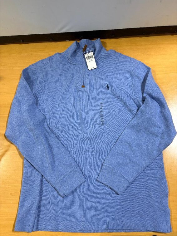 New, Polo Ralph Lauren Quarter-Zip Pullover, Heather Blue w/ Custom Leather Zipper Pull, Size XXL
