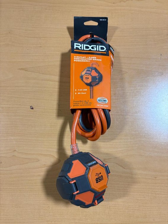 New, Ridgid 3-Outlet, 2-USB Contractor Grade Powerball - 8ft Extension Electrical Cord