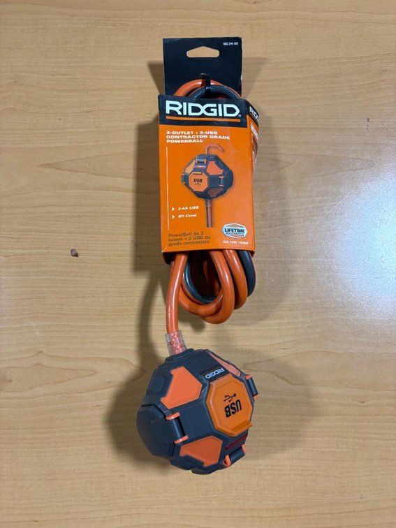 New, Ridgid 3-Outlet, 2-USB Contractor Grade Powerball - 8ft Extension Electrical Cord