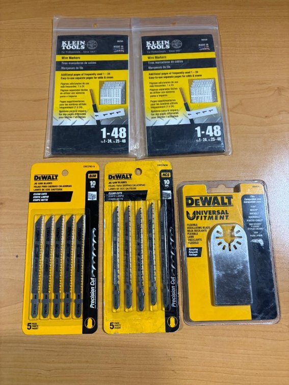 Lot of 4 New, Hardware, (2) Klein Tools Wire Markers, (2) DeWalt Jig Saw Blades, DeWalt Universal Fitment