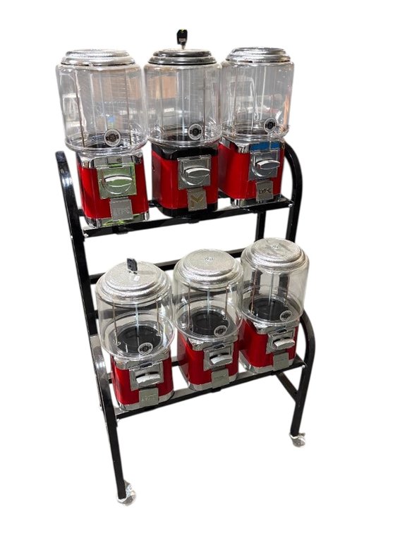 LYPC 6-Head Coin-Operated Candy / Gumball Vending Machine on Mobile Stand w/ Keys, Like New