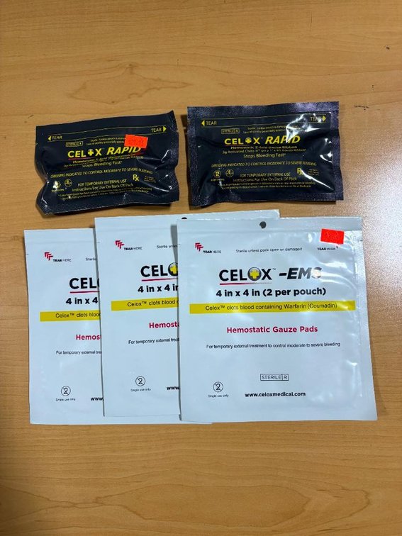 Tactical First Aid: Lot of 3, Celox-EMS 4in x 4in Hemostatic Gauze Pads & (2)  Cel X Rapid Stop Bleed Gauze Ribbon