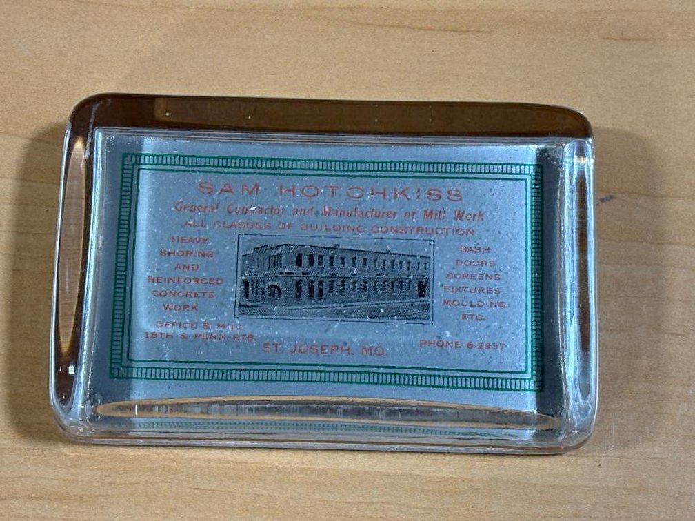 Antiqued Advertising Paperweight, Sam Hotchkiss Mill Work Building St Joseph, MO