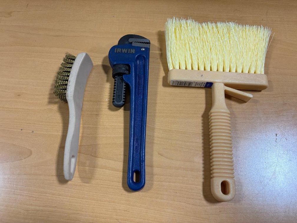 New, Irwin Pipe Wrench and Two New Brushes, One Brass Brush