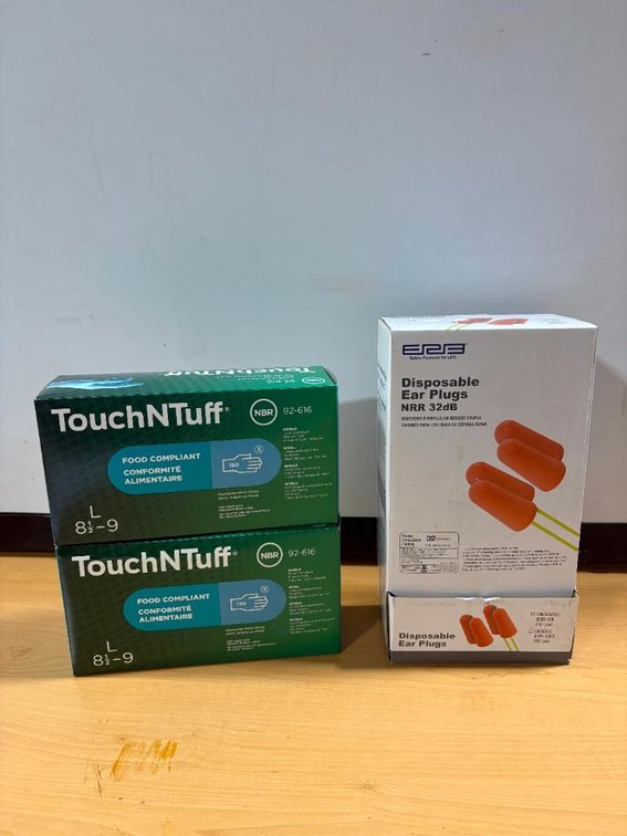 New Products; ERB Disposable Ear Plugs 200 Sets, 2 Boxes, TouchNTuff Food Compliant Size Large Poly Gloves
