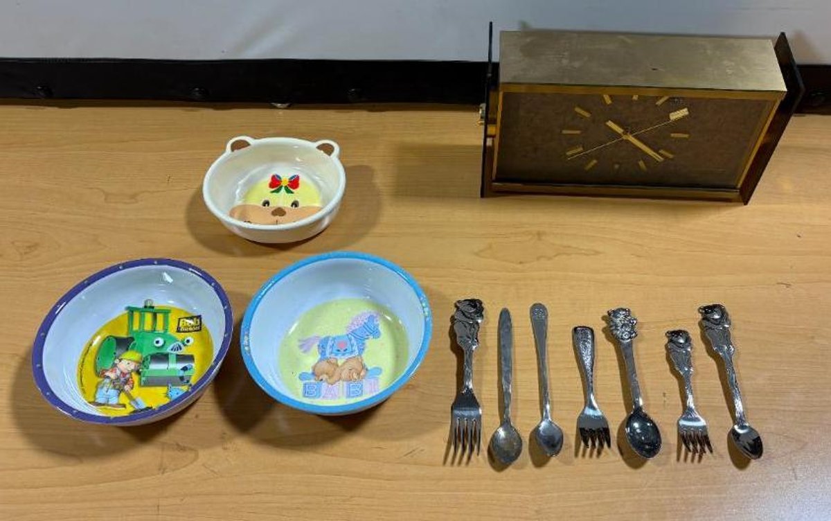 Vintage Items; WestClox Quartzmatic Clock and Cereal Bowls and Silverware