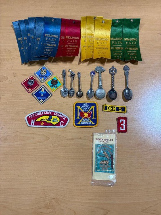 Antiques: Awesome 1930's Reading Fair Ribbons, 1st, 2nd, 3rd & 4th Place Ribbons, Boys Scout Patches, Souvenir Spoons
