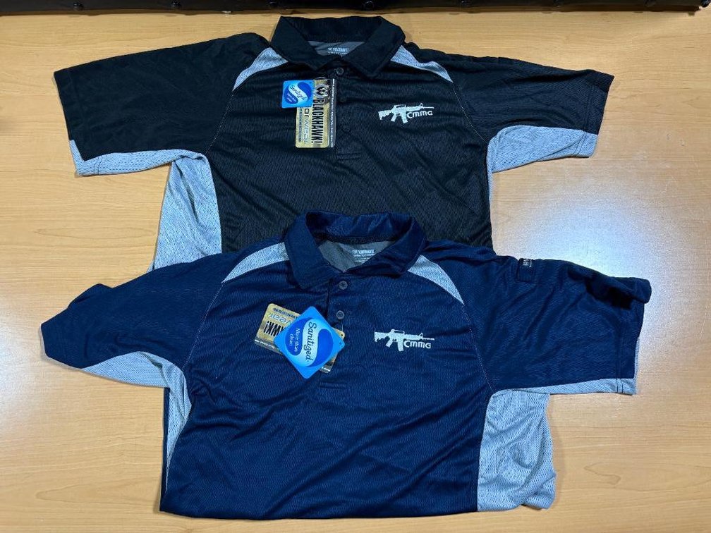 Lot of 2, New Performance Tactical Polo Shirts, CMMG Logo Blackhawk Warrior Wear Size Med.
