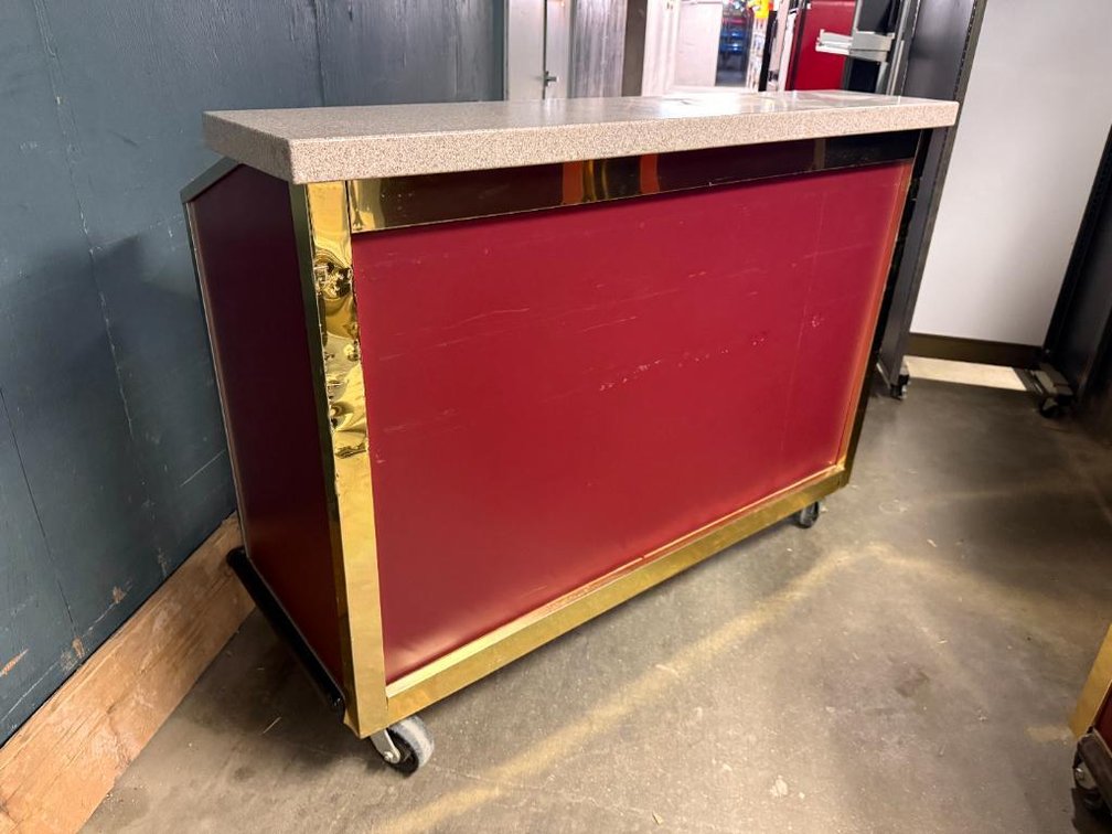 Commercial Mobile Portable Bar, Solid Surface Top, Smooth Casters, Speed Rails, Ice Bin 62in W x 45in H x 24in D