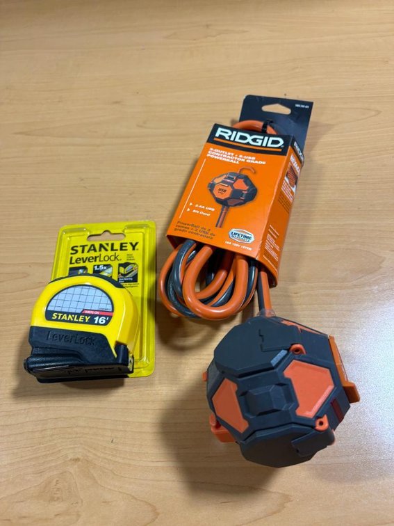 New Ridgid 3-Outlet, 2-USB Contractor Powerball 8ft Electrical Cord & Stanley 16ft Tape Measure, NEW