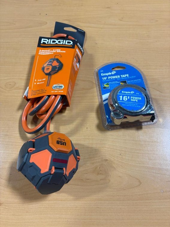 New Ridgid 3-Outlet, 2-USB Contractor Powerball 8ft Electrical Cord & Empire 16ft Tape Measure, NEW