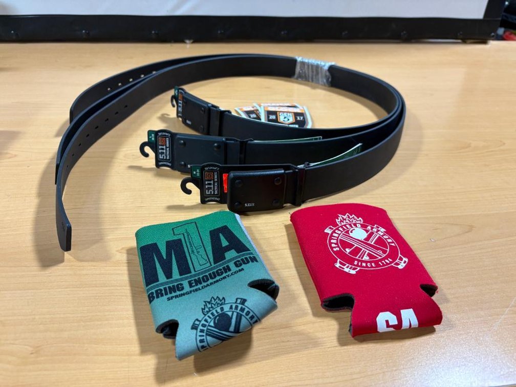 Lot of 3 5.11 Tactical Law Enforcement Tactical Duty Belts & 2 Tactical Related Koozies & Glock Stickers, Med/Lg/XL Belts