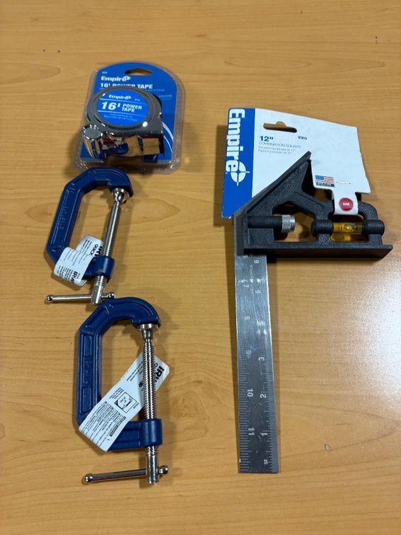 Lot of 4, New, Tools, Empire 16ft Tape Measure, (2) Irwin C-Clamps, Empire 12in Combination Square