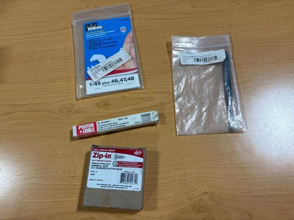 Lot of 4, New, Hardware, Porter Cable Galvanized Nails, Zip-In Hex Head Screws, Ideal Wire Markers, GearWrench Punch Pin
