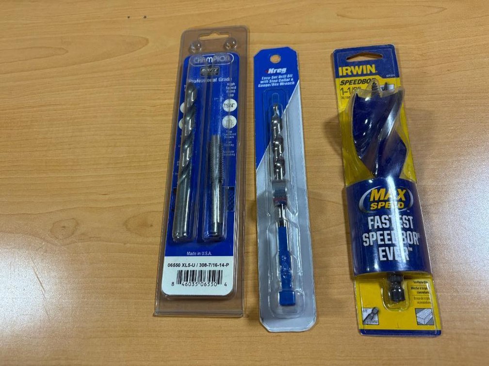 Lot of 3, New Tools, Champion Tap & Bit, Kreg Easy Set Drill Bit, Irwin Speedbor 1-1/8in (Wood)