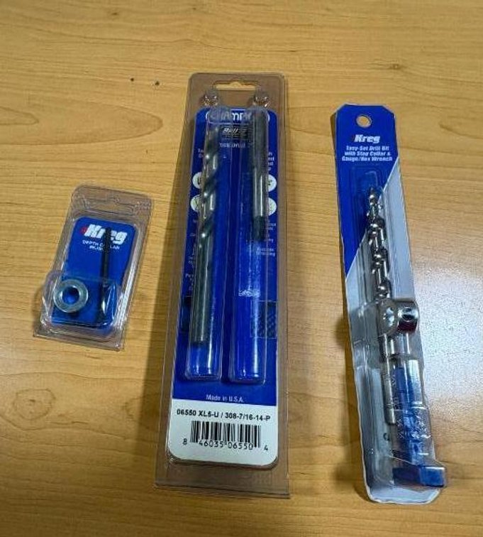 Lot of 3 New, Tools, Kreg Depth Collar & Wrench, Kreg Easy-Set Drill Bit w/ Stop Collar & Wrench, Champion Twist Drill Bit 7/16in