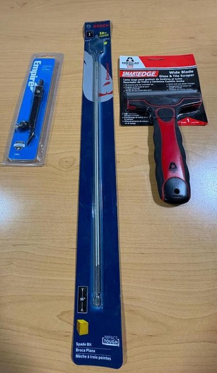 Lot of 3, New, Tools, American Line Pro SmartEdge Wide Blade Glass/Tile Scraper, Bosch 1in DareDevil Bit, Empire Compass & Scribe