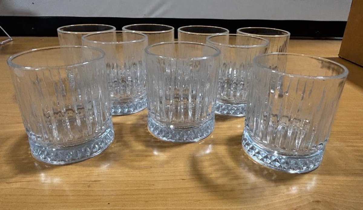 Lot of 9, Cut Glass Heavy and High-Quality Whiskey Glass Matching Set