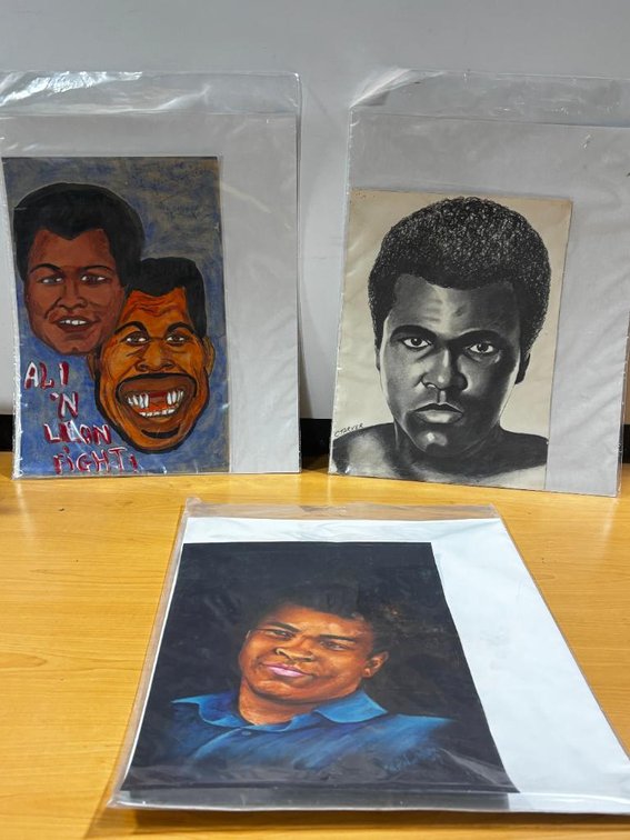 Lot of 3, Muhammad Ali Artwork, Sketch and Oil Paintings or Water Color, Ali Spinks Fight, Signed C. Tarver