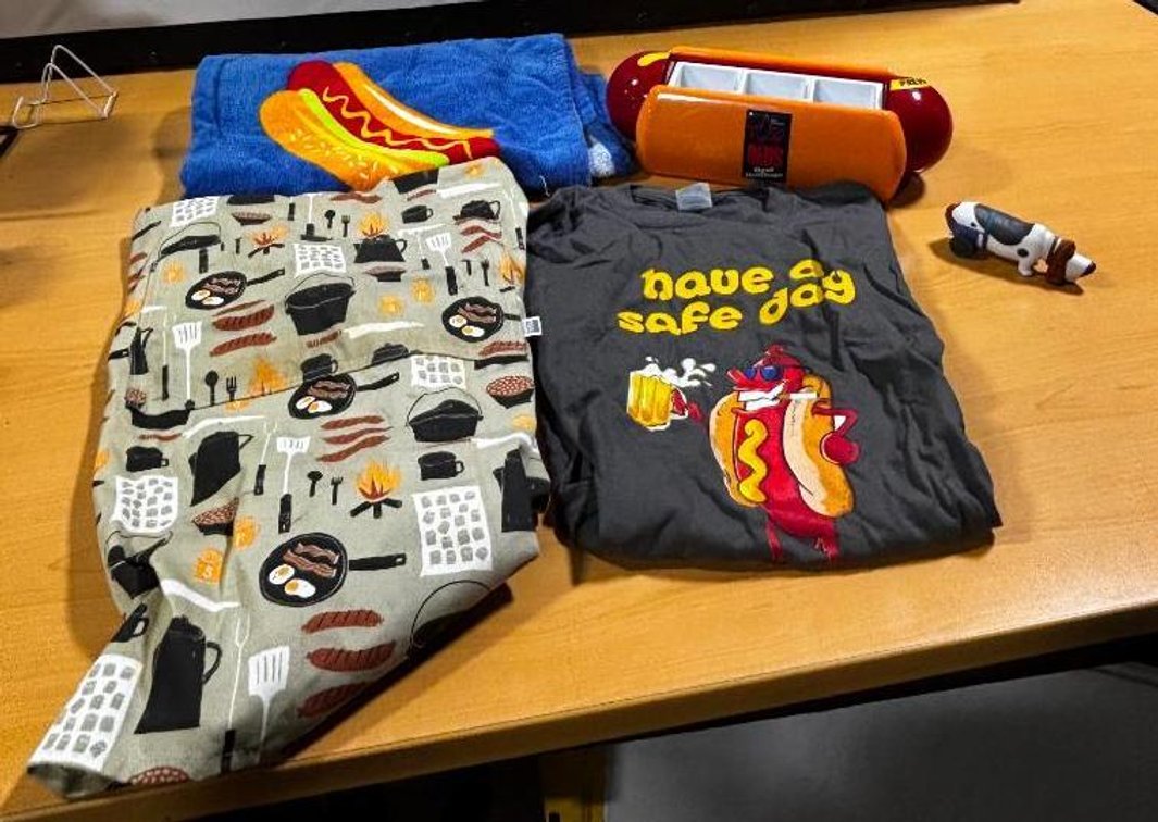 Vintage Hot Dog Related Collectibles & Memorabilia, Including Talking Condiment Dispenser, Towel, Apron, Shirt & Dog