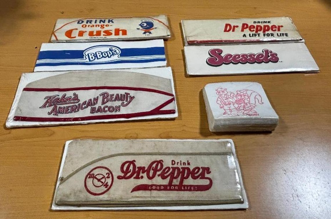 Rare Collection of Vintage Diner Hats, Peony Park Napkins NOS, Dr Pepper, Sessel's Orange Crush, B-Bops, Kahn's Bacon