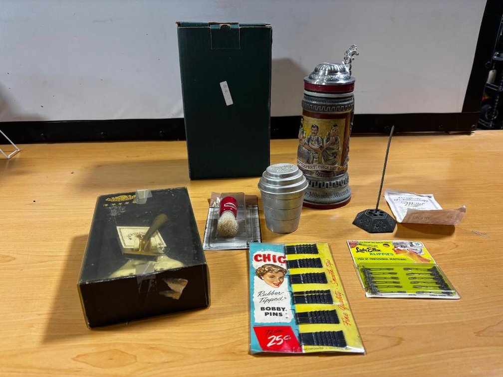 Vintage and New Old Stock Beauty Shop & Barber Collectibles, Bobby Pins, Clips, Razor, Brush, Cup, Miller Beer Stein, Ticket Stab