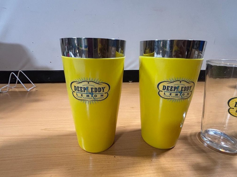 Lot of Four, Deep Eddy Lemon Vodka Cocktail Shakers and Pint Glasses w/ Logos