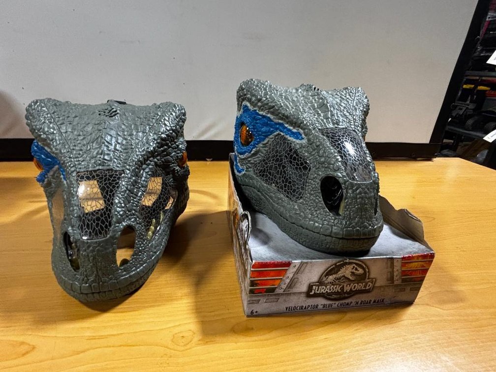 2 Qty New, Jurassic World Blue Chomp 'n Roar Velociraptor Articulated Mask, Dinosaur Mask