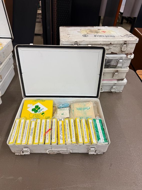 Lot of 5, New Old Stock First Aid Kits, Removed from Retired School Buses, Full of First Aid Supplies, Metal Cases