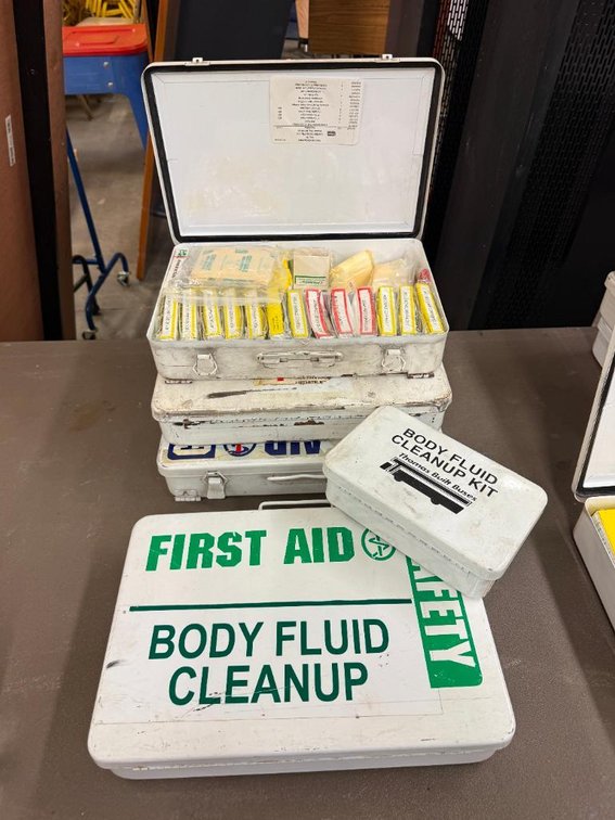 Lot of 5, New Old Stock First Aid Kits, Removed from Retired School Buses, Full of First Aid Supplies, Metal Cases