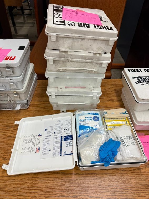 Lot of 5, New Old Stock First Aid Kits, Removed from Retired School Buses, Full of First Aid Supplies, Metal Cases
