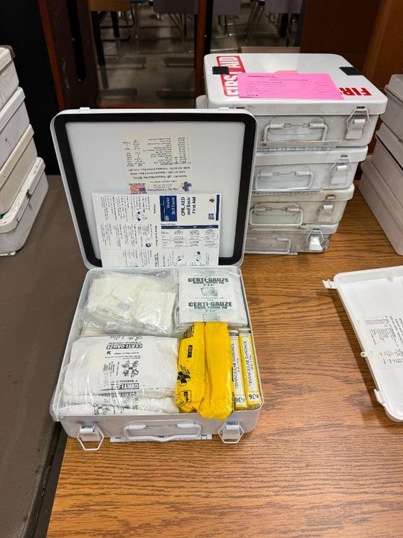 Lot of 5, New Old Stock First Aid Kits, Removed from Retired School Buses, Full of First Aid Supplies, Metal Cases