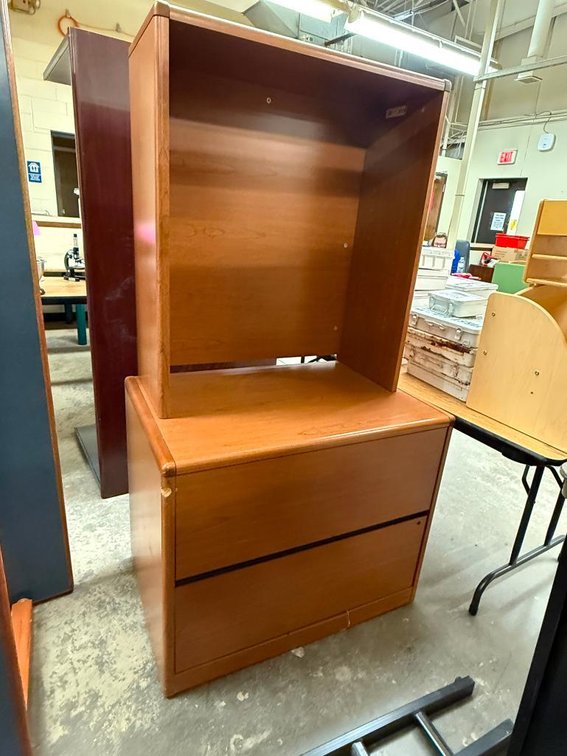 2-Drawer File Cabinet w/ Upper Bookshelf, Single Pedestal Teachers Desk, Large Work Table, Lot of 3 Items