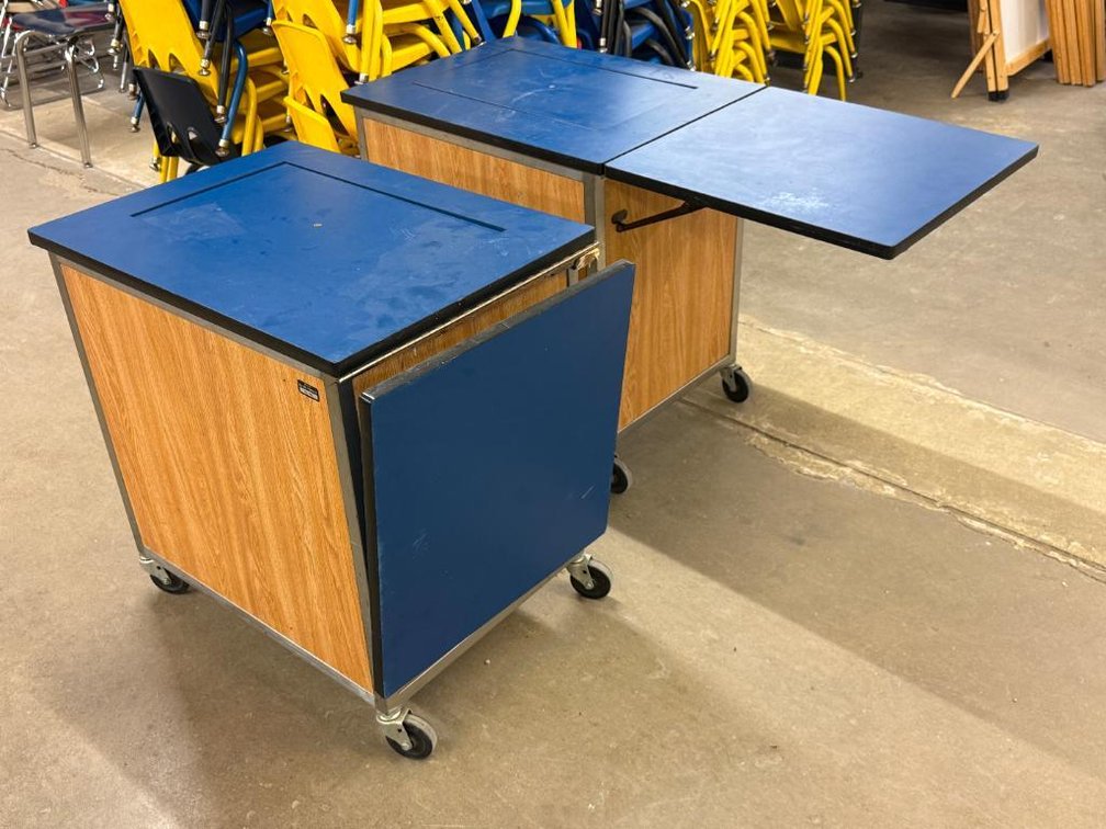 Lot of 2, Mobile Laminate Tables w/ Extended Side Table, Interior  w/ Horn-Air-Lift Mechanism