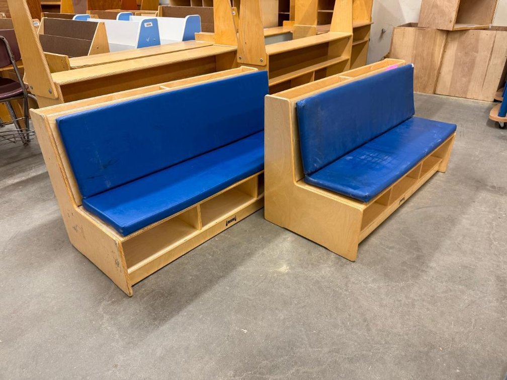 Lot of 2, Jonti Craft Literacy Couch w/ Blue Cushions, Baltic Birch w/ Lower Storage, MSRP: $744.99