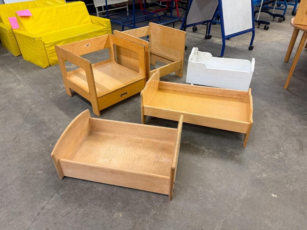 Daycare Furniture, Some by Jonti Craft, Cradle, 2 Chairs, 2 Beds, No Cushions