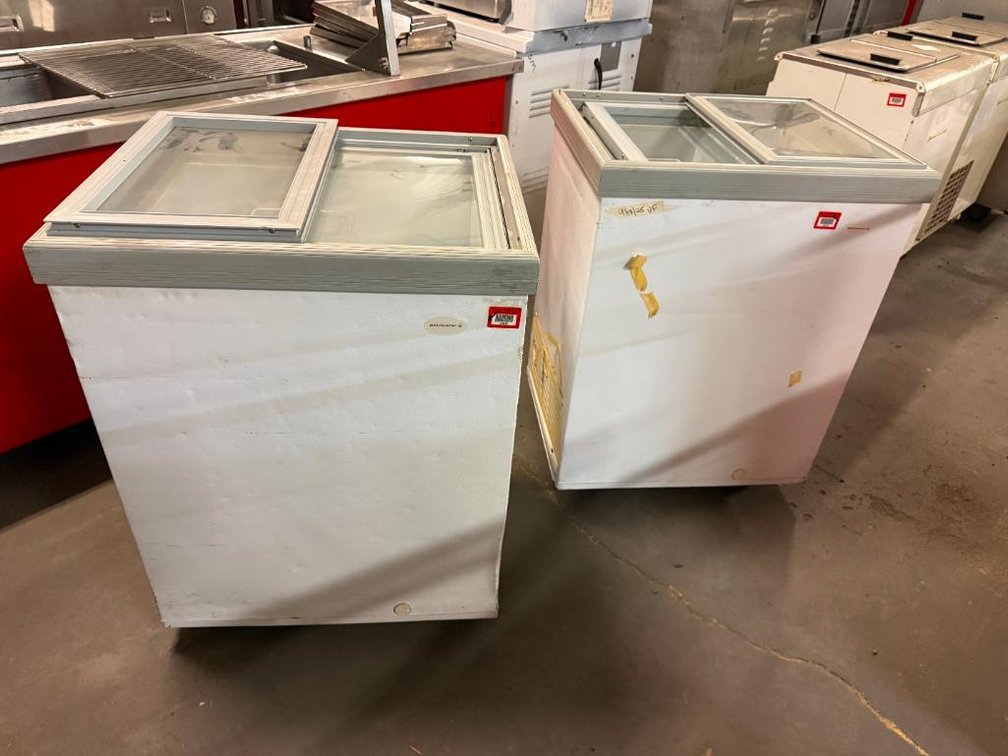 Lot of 2, Carrier Refrigeration Model B5S4 Commercial Reach-In Ice Cream Freezers, Mobile Bases