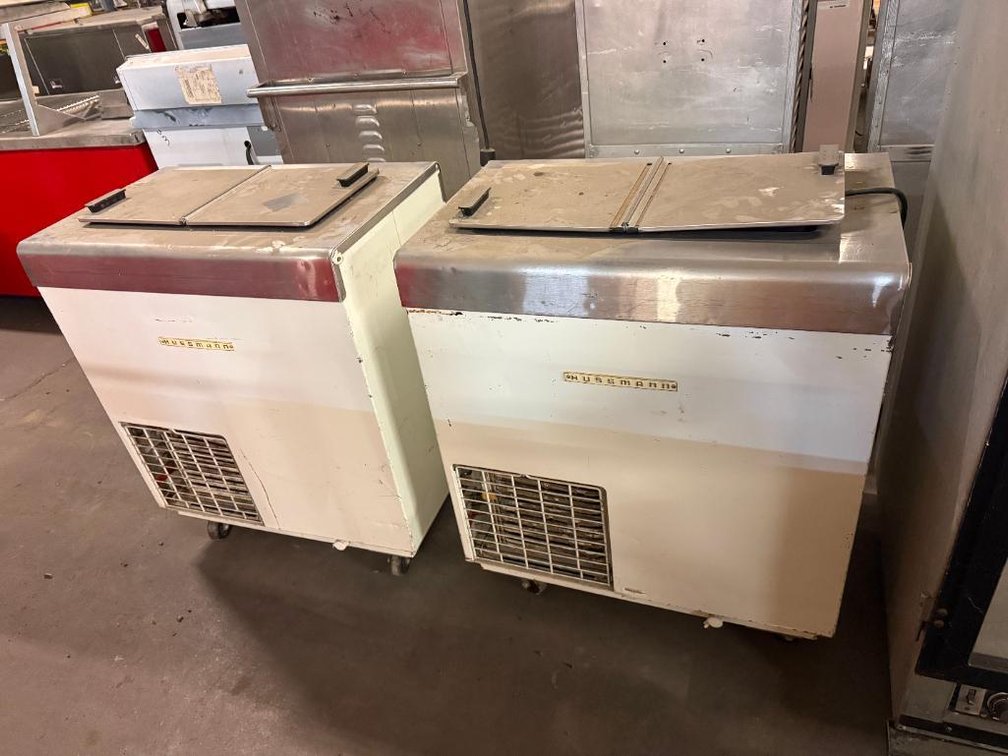 Lot of 2, Vintage Commercial Hussman Reach-In Ice Creem Freezers, Mobile Bases, Clean for Age, Untested