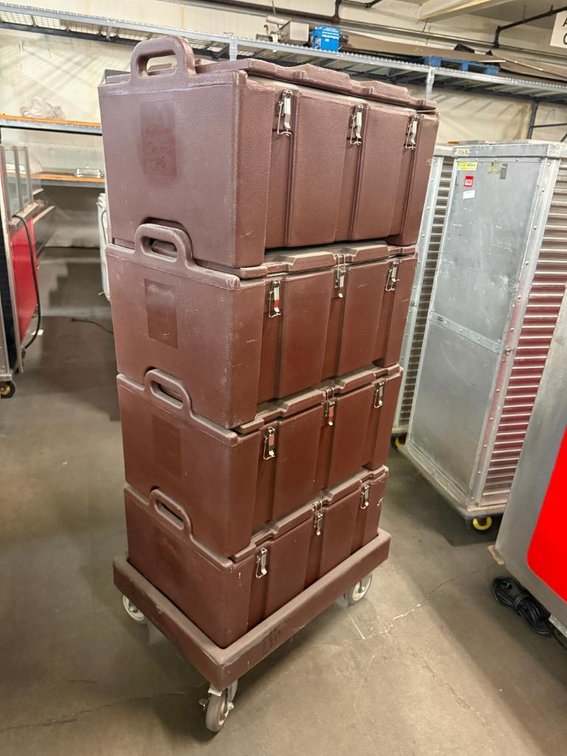 Lot of 4, Cambro No. 100MPC Top-Loading Insulated Food Pan Carriers, CamCarriers w/ Factory Mobile Dolly, Stacking