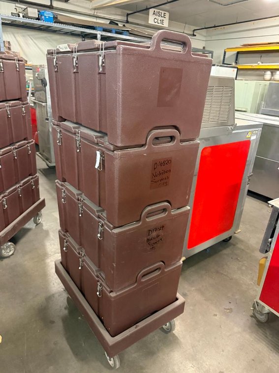 Lot of 4, Cambro No. 100MPC Top-Loading Insulated Food Pan Carriers, CamCarriers w/ Factory Mobile Dolly, Stacking