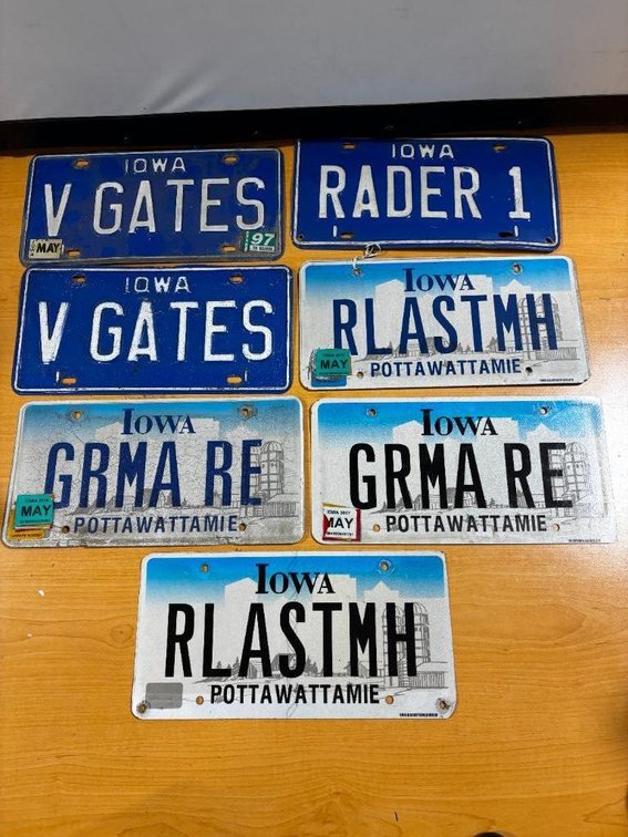 7 Iowa Vanity License Plates, Older Embossed and Three Newer