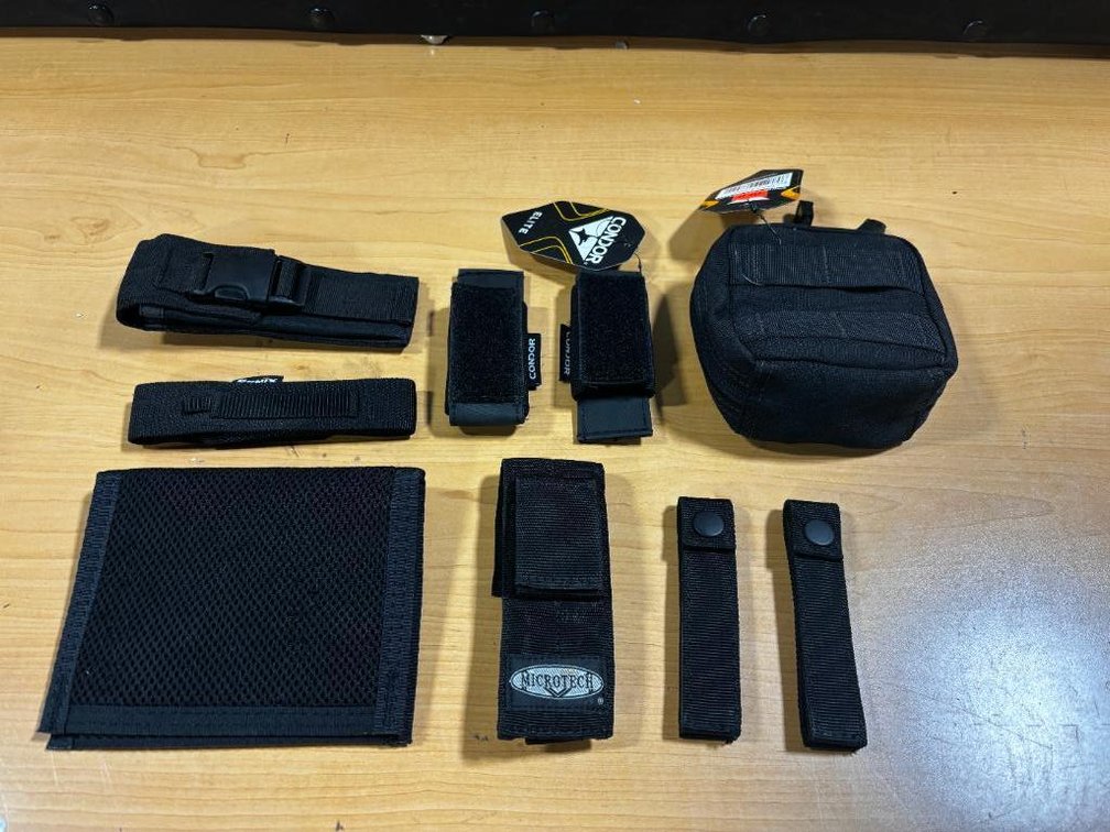 Lot of 9, Black Nylon Tactical Pouches, Molle, Holders, Some by Condor, Fenix, Microtech, Others