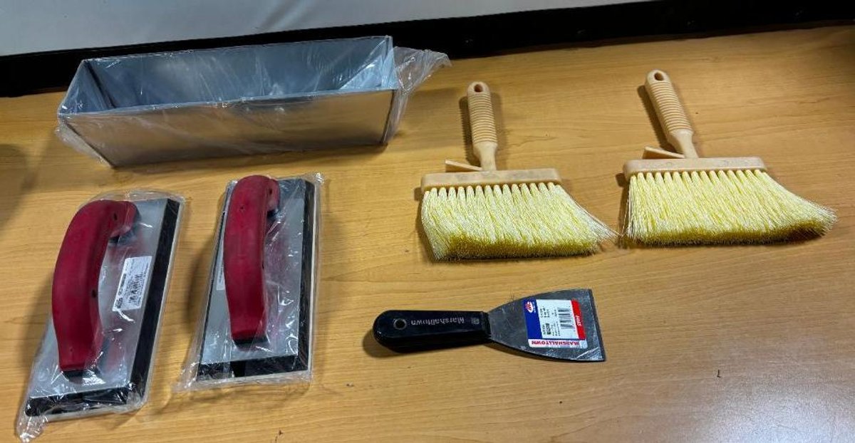 New Drywall and Tradesman Tools, Galvanized Tray, Two Brushes, Two Trowels and Putty Knife / Scraper
